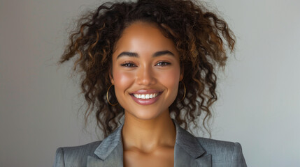 Fototapeta premium A young woman with curly brown hair and a bright smile poses in a studio setting, wearing a grey blazer