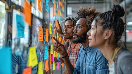 A diverse group of professionals engaged in a creative brainstorming session, using colorful sticky notes on a glass wall in a modern office. The team includes individuals of different ages and