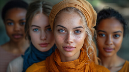Fototapeta premium Four women of different ethnicities stand close together, their gazes meeting in a shared moment of connection