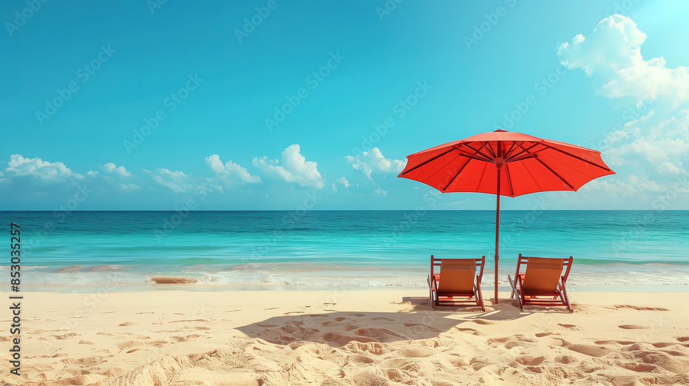 Canvas Prints Relaxing Beach Scene with Red Umbrella and Matching Chairs on a Sunny Day