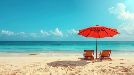 Relaxing Beach Scene with Red Umbrella and Matching Chairs on a Sunny Day