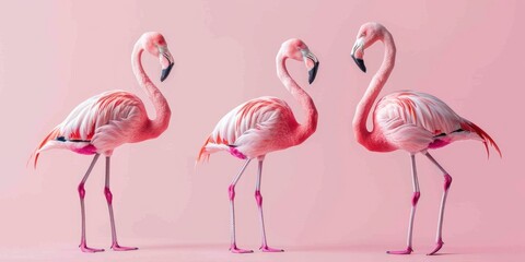 Obraz premium Three Pink Flamingos on Pink Background