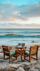 A beachfront book club meeting where members discuss literature with oceanic themes, enjoying the sound of the waves