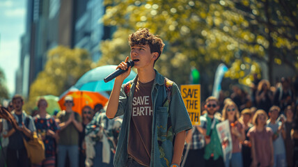 Youth Activism: Gen Z Male Speaking at Climate Protest