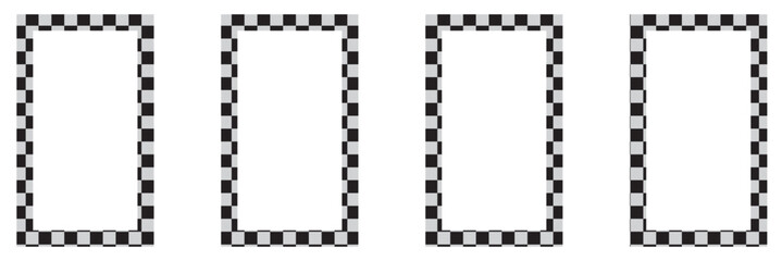 Checkered circle frame. Circle frame with checkerboard geometric pattern. Round chess border with black and white square pattern. Round race frame. Vector illustration on white background.