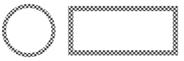Checkered circle frame. Circle frame with checkerboard geometric pattern. Round chess border with black and white square pattern. Round race frame. Vector illustration on white background.