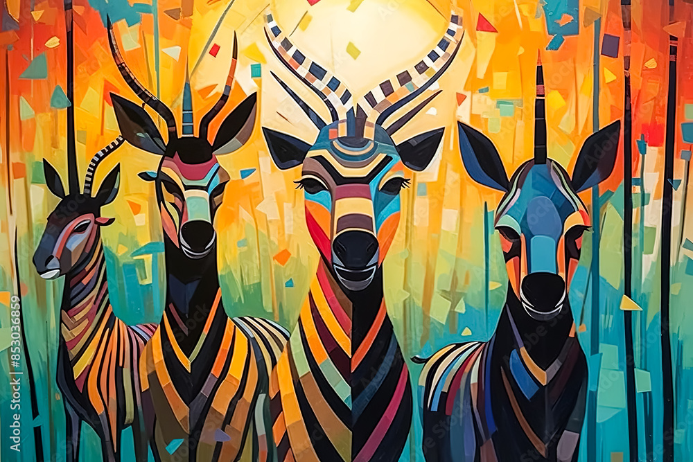 Poster three zebras and two antelopes are painted in a colorful and abstract style