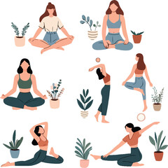7 Women in Morning Meditation Poses, Flat Illustration, Color Harmony