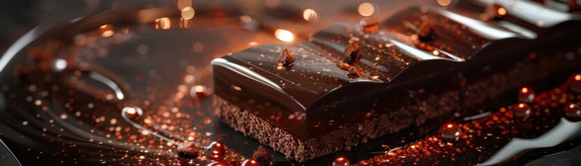 Close-up of delicious dark chocolate bar with shiny coating and cocoa powder, creating an indulgent and tempting treat on a reflective surface.
