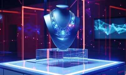 A futuristic acrylic pedestal with LED strips, featuring a futuristic necklace on a digital screen backdrop