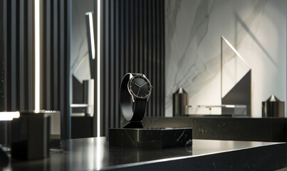 A minimalist black pedestal with geometric shapes with a titanium watch on a high-gloss tabletop