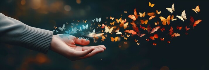 Obraz premium a hand holding a book with butterflies flying out of it