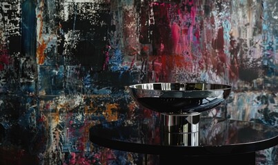 A polished chrome bowl on a black lacquered table with a dark abstract painting backdrop