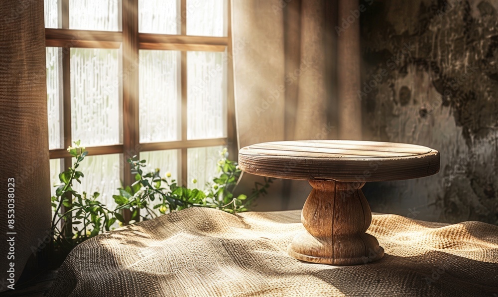 Poster a rustic wooden pedestal on a burlap-covered table with a soft dappled sunlight backdrop from a wind
