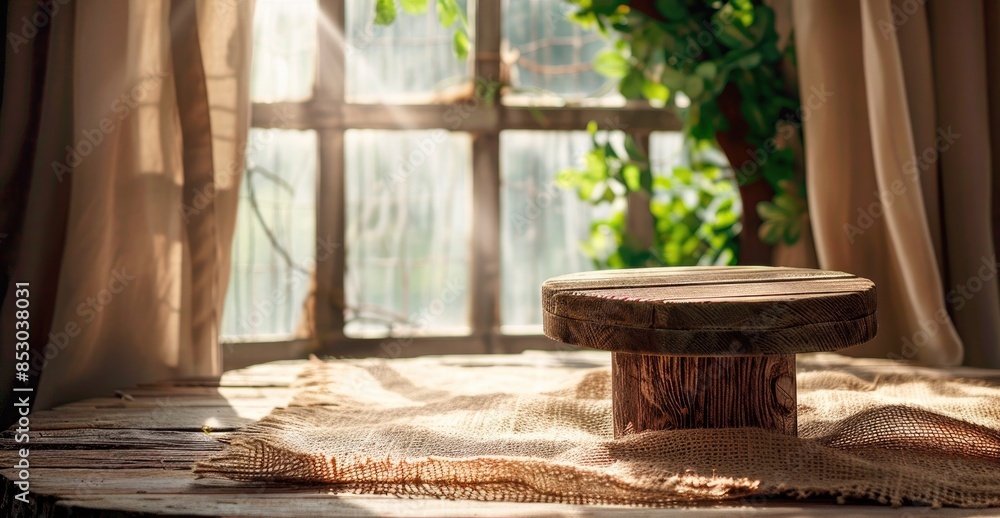Poster a rustic wooden pedestal on a burlap-covered table with a soft dappled sunlight backdrop from a wind