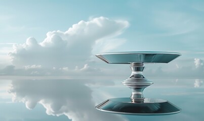 Obraz premium A sleek silver pedestal on a mirrored surface table against a soft cloud blue backdrop