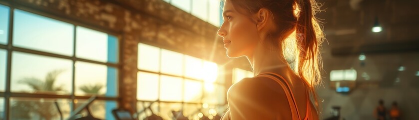 A woman working out in a gym at sunrise with a beautiful view, emphasizing fitness, health, and motivation in a bright, energetic environment.