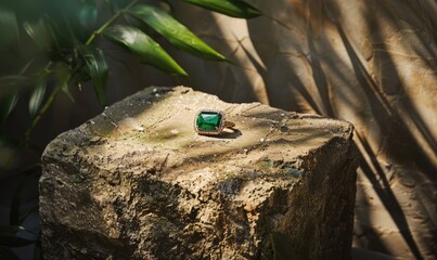 A textured stone pedestal with earthy tones with an emerald ring on a nature-inspired backdrop