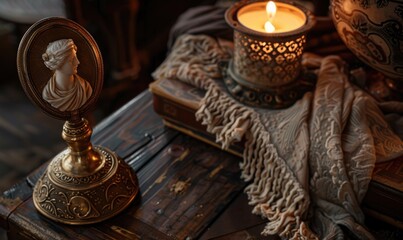 A vintage brass pedestal with intricate engravings in vintage interior