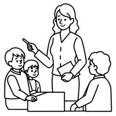 A young lady teaching her students in class vector illustration and line art