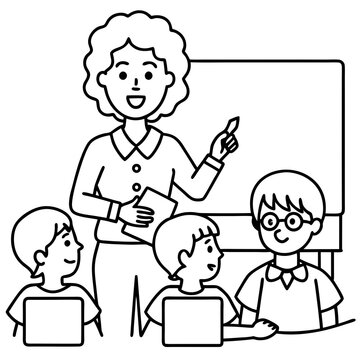 recommend clip art: A young lady teaching her students in class vector illustration and line art