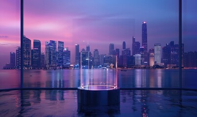 Fototapeta premium Acrylic bloc with transparent design, city skyline backdrop