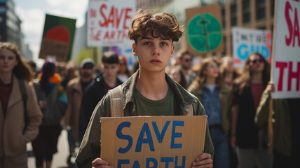 Gen Z Boy Protesting with Cardboard Written "Save Earth" at Climate Change Rally
