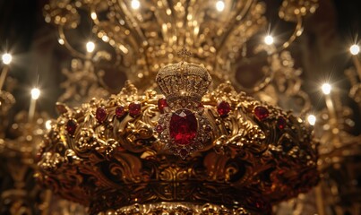 An ornate gold-plated pedestal with intricate details, featuring a ruby pendant on a luxurious velvet backdrop