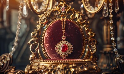 An ornate gold-plated pedestal with intricate details, presenting a ruby pendant on a luxurious velvet backdrop