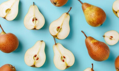 Anjou pears on a pastel blue background