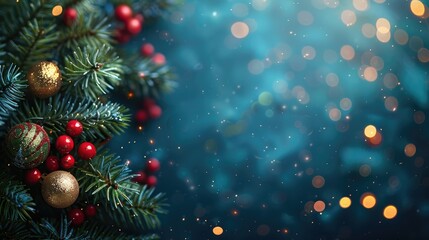 Holiday banner featuring fir branches twinkling lights and New Year ornaments