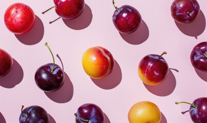 Assorted plums on a pale pink backdrop