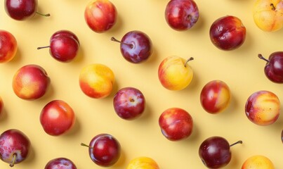 Assorted plums on a pale yellow backdrop