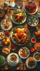 Fototapeta premium Festive Thanksgiving Dinner Table with Roasted Turkey, Fresh Vegetables, and Various Side Dishes