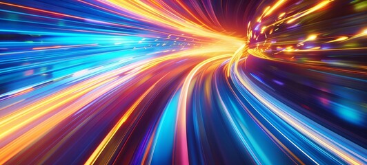 Obraz premium A colorful, high-speed light trail with vibrant streaks of blue and yellow against an abstract background
