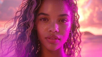Obraz premium Woman With Curly Hair Posing Against Pink Sunset