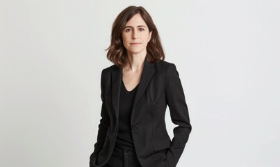 Classic headshot of a female executive in a black pantsuit against a plain white background