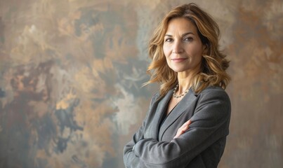 Corporate portrait of a middle-aged woman in a charcoal gray suit against a soft neutral backdrop