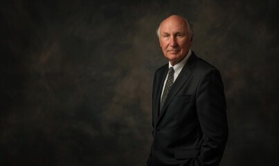 Corporate portrait of a senior executive in a classic black suit against a subtle charcoal backdrop