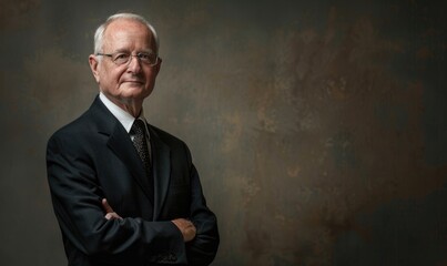 Corporate portrait of a senior executive in a classic black suit against a subtle charcoal backdrop