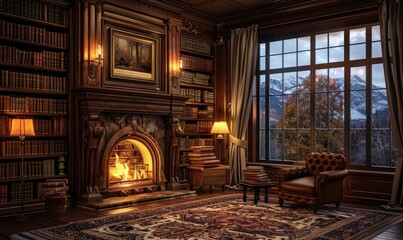 Cozy corner of a traditional library with a fireplace