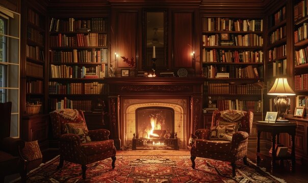 Cozy corner of a traditional library with a fireplace