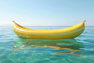 Inflatable yellow banana boat floating on clear turquoise water under a blue sky, perfect summer vacation fun.