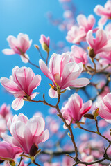 Magnolia tree blossoms, spring sky background 