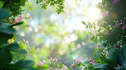 Obraz premium Fresh Environment with Green Leaves and Blooming Flowers in Morning Outdoor Natural Landscape