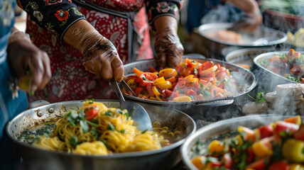 Obraz premium A group of elderly women joyfully baking bread in a rustic kitchen, surrounded by flour-dusted wooden countertops and shelves stacked with baking tools and ingredients, warm sunlight 