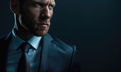 Fototapeta premium Elegant portrait of a businessman in a tailored black suit against a dark navy background