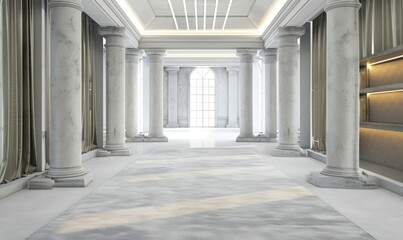 Fototapeta premium Fashion runway with light grey carpet floor, classic library backdrop