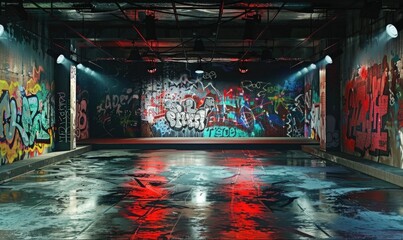 Fashion runway with metallic floor, urban graffiti backdrop