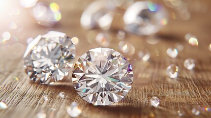Two pristine diamonds resting on a wooden texture, softly illuminated with a warm light